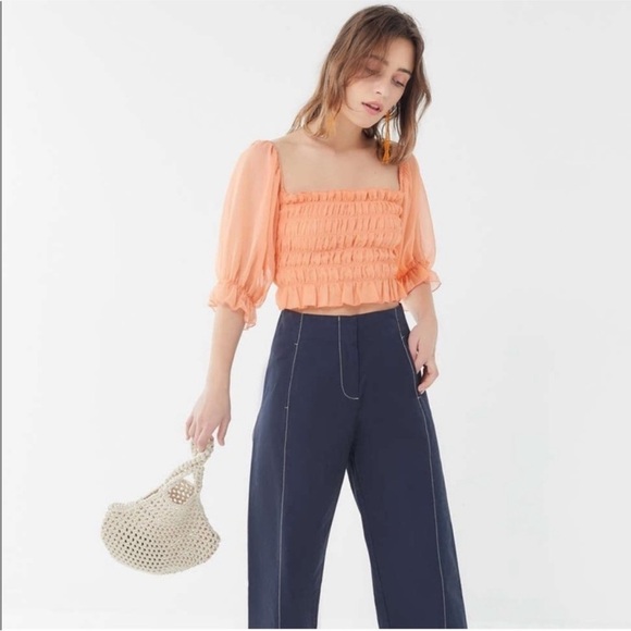 Urban Outfitters Sierra Smocked Sheer Puff Sleeve Crop Top M Peach Cottagecore - Picture 1 of 13